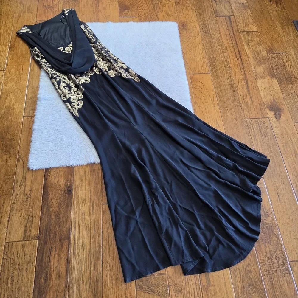 Tadashi Shoji Crepe Draped Open Back Gown Dress Women's 6 Black Gold Paillette
